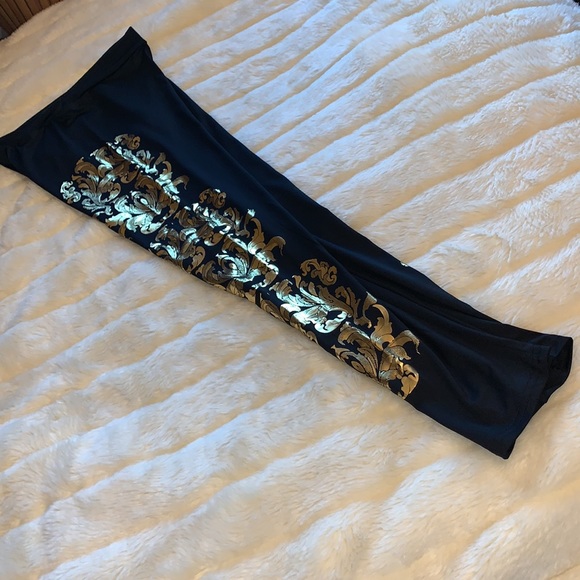 Y2k gold metallic foil filigree black leggings skinny pants M - Picture 8 of 13